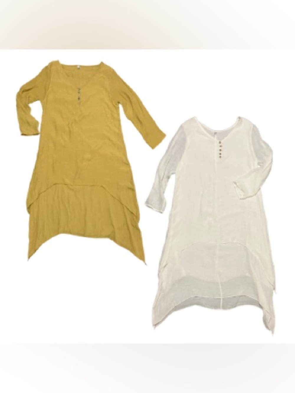 2 Gauzy Linen Tunic Dresses in Mustard Yellow and Soft Off-White
